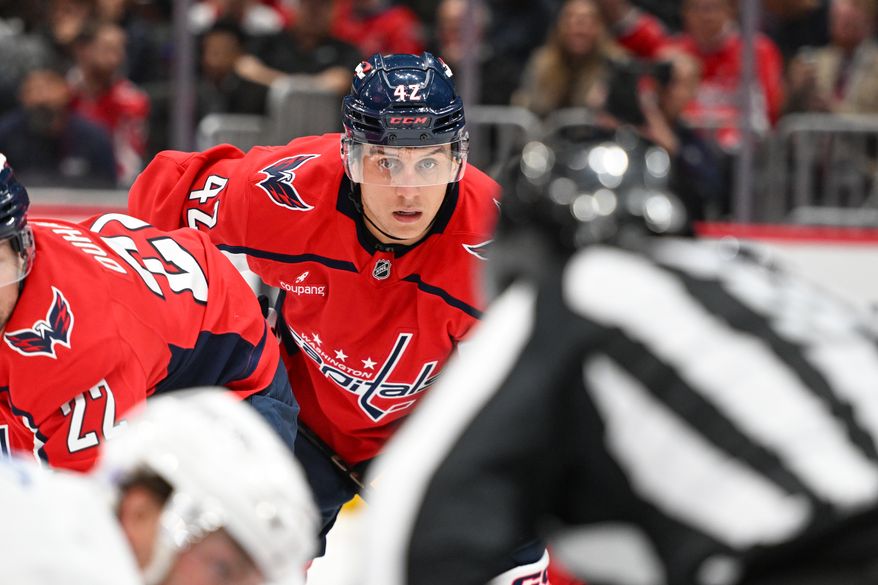 Washington Capitals defenseman Martin Fehervary (42) lined up outside the faceoff circle during the second period of an NHL game against the Tampa Bay Lightning at Capital One Arena in Washington D.C., October 14, 2025. (Photo for the Washington Times)