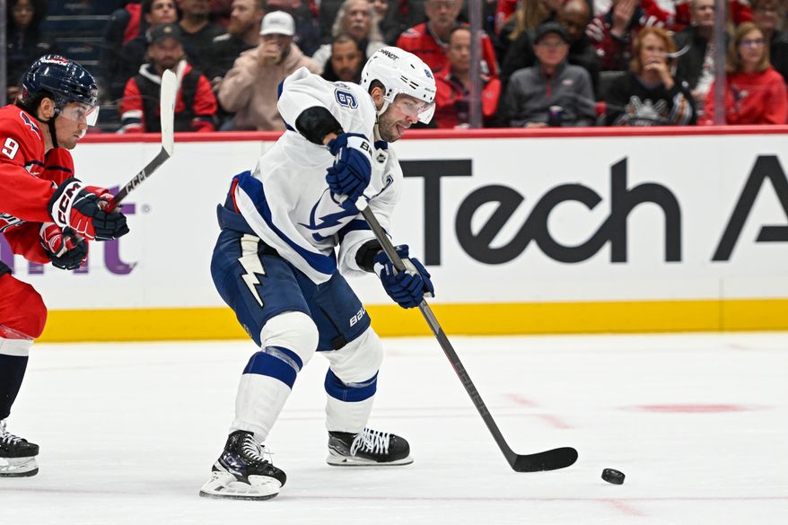 Tampa Bay Lightning forward Nikita Kucherov (86) skating with the puck in the offensive zone during the second period of an NHL game against the Washington Capitals at Capital One Arena in Washington D.C., October 14, 2025. (Photo for the Washington Times)