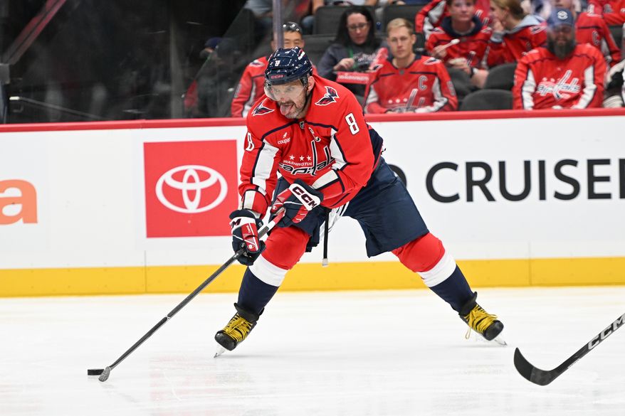 Washington Capitals left wing Alex Ovechkin (8) about to take a shot during the third period of an NHL game against the Tampa Bay Lightning at Capital One Arena in Washington D.C., October 14, 2025. (Photo for the Washington Times)