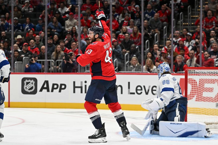 Washington Capitals right wing Tom Wilson (43) celebrating his game-tying goal during the third period of an NHL game against the Tampa Bay Lightning at Capital One Arena in Washington D.C., October 14, 2025. (Photo for the Washington Times)