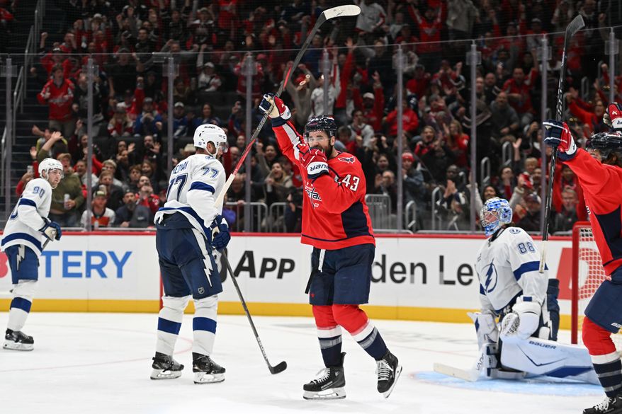 Washington Capitals right wing Tom Wilson (43) celebrating his game-tying goal during the third period of an NHL game against the Tampa Bay Lightning at Capital One Arena in Washington D.C., October 14, 2025. (Photo for the Washington Times)