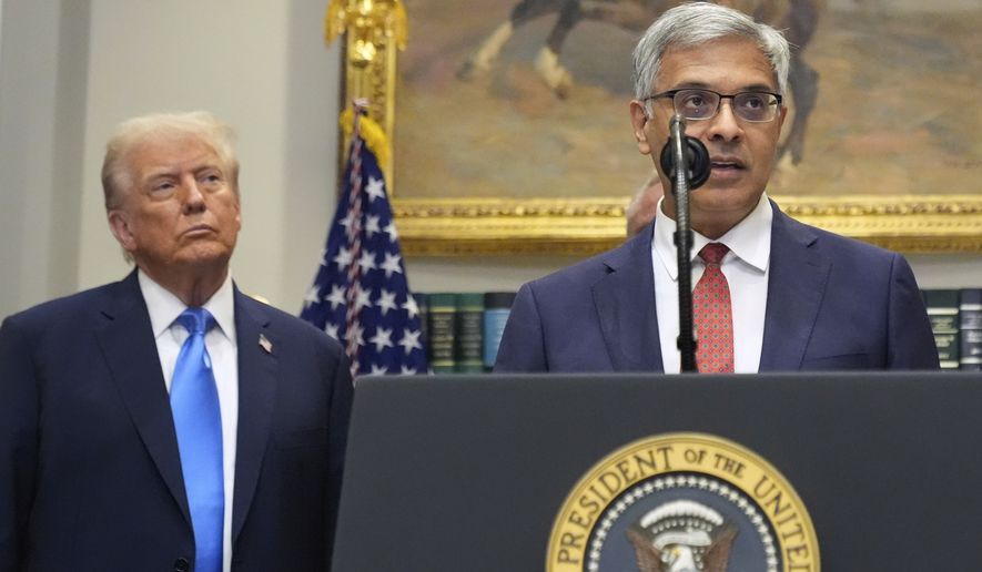 President Donald Trump listens as Dr. Jay Bhattacharya, director of the National Institutes of Health, speaks in the Roosevelt Room of the White House in Washington on Monday, Sept. 22, 2025. (AP Photo/Mark Schiefelbein) **FILE**