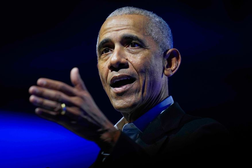 Former President Barack Obama speaks at the Obama Foundation Democracy Forum in Chicago on Dec. 5, 2024. (AP Photo/Erin Hooley) ** FILE **