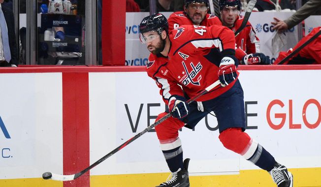 Washington Capitals right wing Tom Wilson (43) skates with the puck during the first period of an NHL hockey game against the Tampa Bay Lightning, Tuesday, Oct. 14, 2025, in Washington. (AP Photo/Nick Wass)