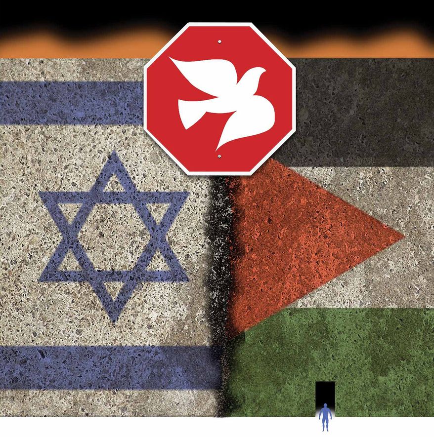 Peace between Israel and the Palestinians illustration by Alexander Hunter/The Washington Times