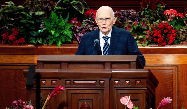 President Dallin H. Oaks, president of the Quorum of the Twelve Apostles, speaks during the morning session of the 195th Semiannual General Conference of The Church of Jesus Christ of Latter-day Saints at the Conference Center in Salt Lake City on Oct. 4, 2025. (Isaac Hale/The Deseret News via AP, file)