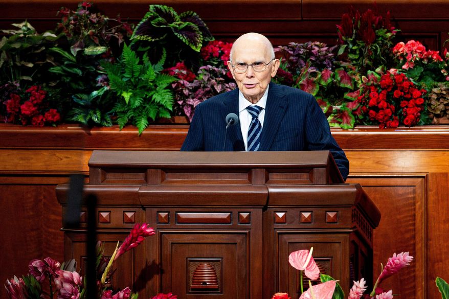 President Dallin H. Oaks, president of the Quorum of the Twelve Apostles, speaks during the morning session of the 195th Semiannual General Conference of The Church of Jesus Christ of Latter-day Saints at the Conference Center in Salt Lake City on Oct. 4, 2025. (Isaac Hale/The Deseret News via AP, file)