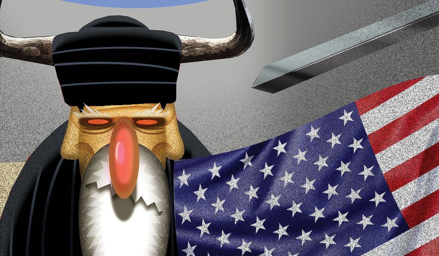 Strategic strangulation of Iran through economic sanctions illustration by Alexander Hunter/The Washington Times