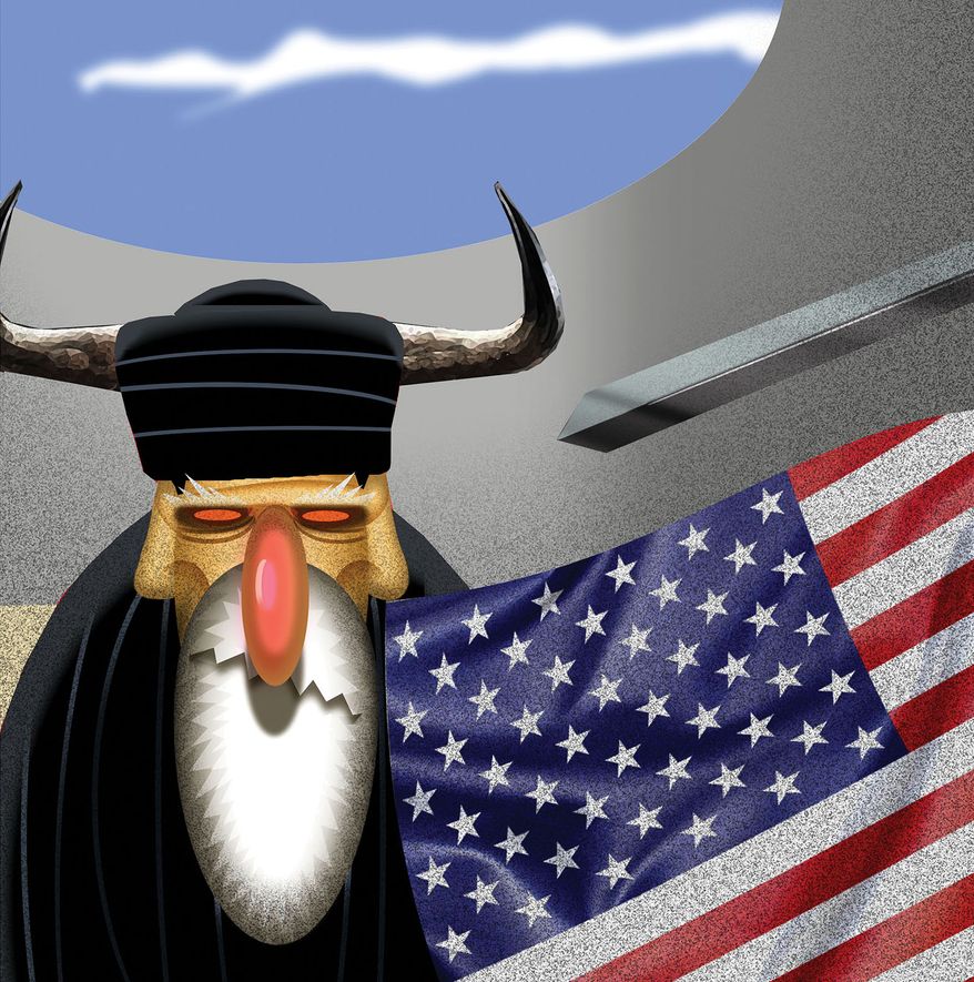 Strategic strangulation of Iran through economic sanctions illustration by Alexander Hunter/The Washington Times