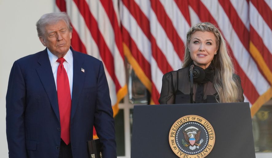 Erika Kirk speaks after President Donald Trump posthumously awarded the Presidential Medal of Freedom to Charlie Kirk in the Rose Garden of the White House, Tuesday, Oct. 14, 2025, in Washington. (AP Photo/Alex Brandon)