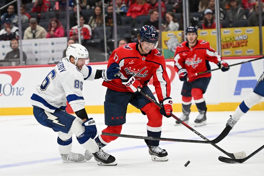Washington Capitals center Dylan Strome (17) fighting for control of the puck during the third period of an NHL game against the Tampa Bay Lightning at Capital One Arena in Washington D.C., October 14, 2025. (Photo for the Washington Times)