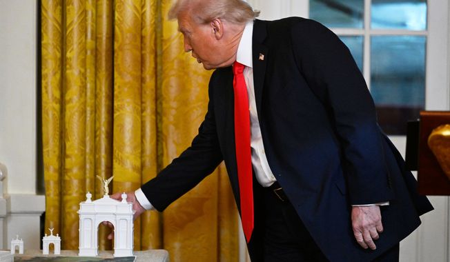 President Donald Trump addresses a dinner for donors who have contributed to build the new ballroom at the White House, Wednesday, Oct. 15, 2025, in Washington. (AP Photo/John McDonnell)