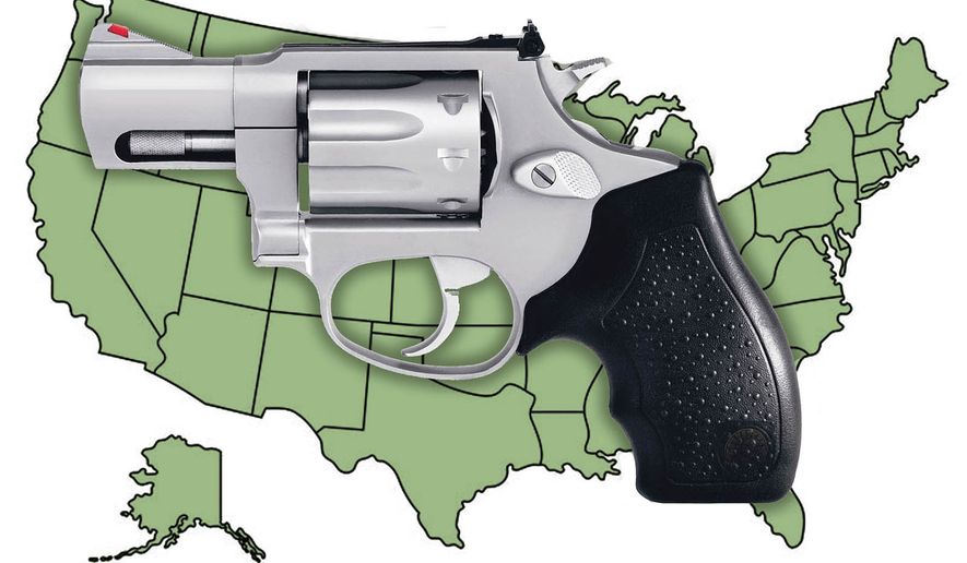 Concealed carry firearm reciprocity in the the United States of America illustration by Alexander Hunter/The Washington Times