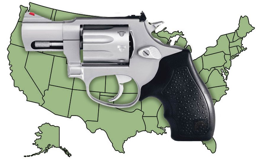 Concealed carry firearm reciprocity in the the United States of America illustration by Alexander Hunter/The Washington Times