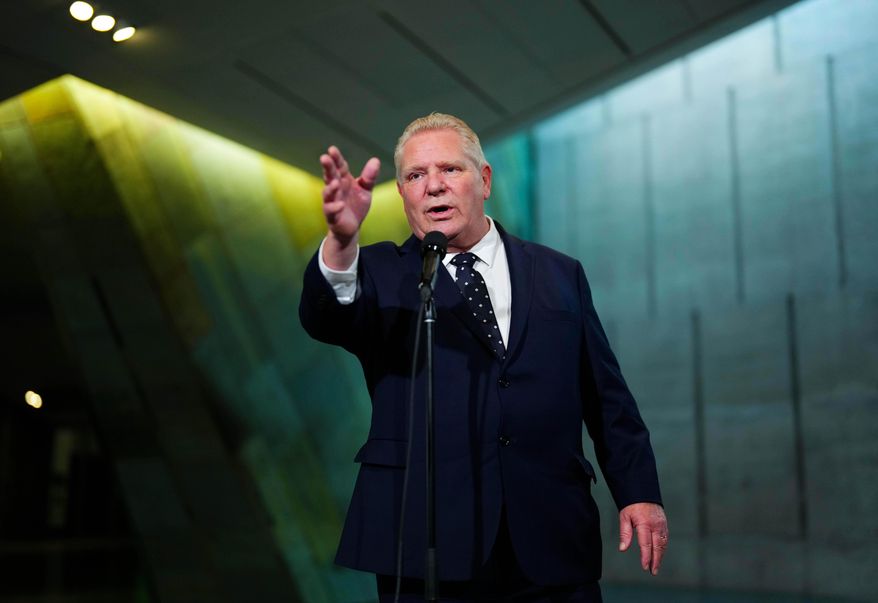 Ontario Premier Doug Ford speaks to reporters following the First Ministers Meeting at the National War Museum in Ottawa, Canada, on March 21, 2025. (Sean Kilpatrick/The Canadian Press via AP) **FILE**