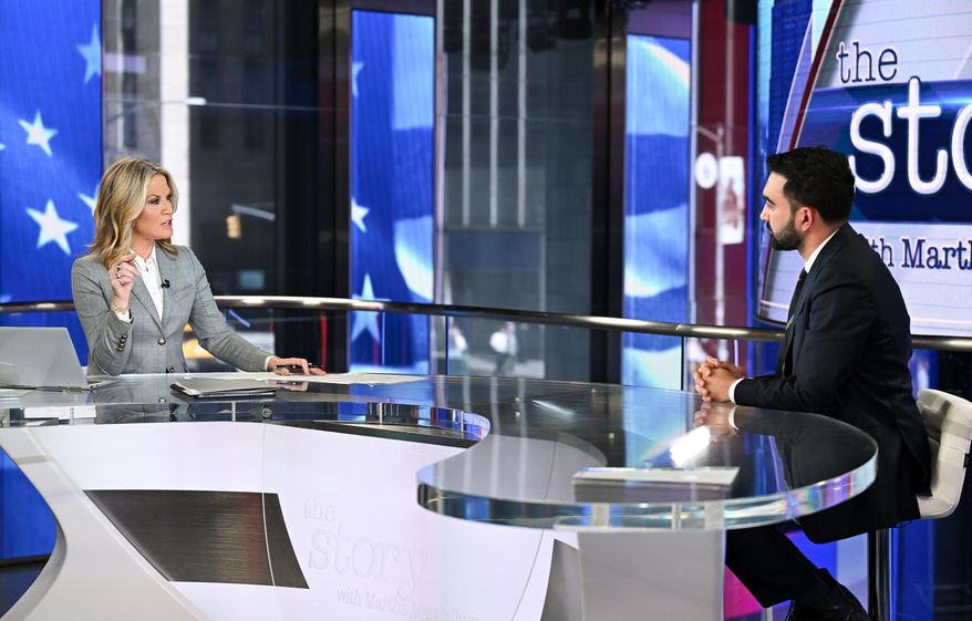 New York City Democratic mayoral candidate Zohran Mamdani, right, speaks with Martha MacCallum, during an interview on "The Story with Martha MacCallum" at Fox News on Wednesday, Oct. 15, 2025, in New York. (Photo by Evan Agostini/Invision/AP)