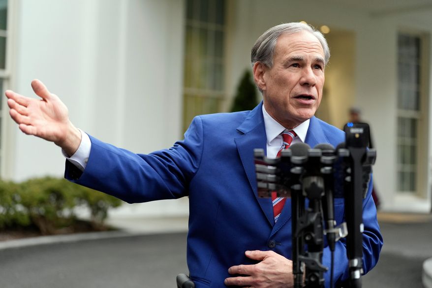 Texas Gov. Greg Abbott speaks to reporters outside the West Wing of the White House, Feb. 5, 2025, in Washington. (AP Photo/Alex Brandon, File)