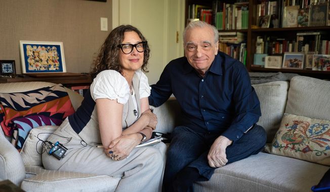 This image released by Apple TV+ shows Rebecca Miller, left, with Martin Scorsese from the documentary series "Mr. Scorsese." (Apple TV+ via AP)
