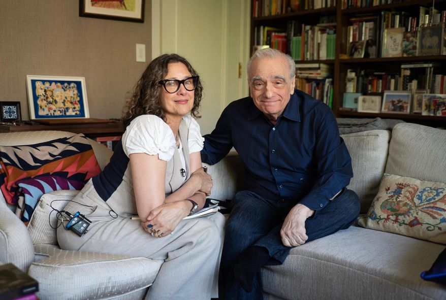 This image released by Apple TV+ shows Rebecca Miller, left, with Martin Scorsese from the documentary series "Mr. Scorsese." (Apple TV+ via AP)