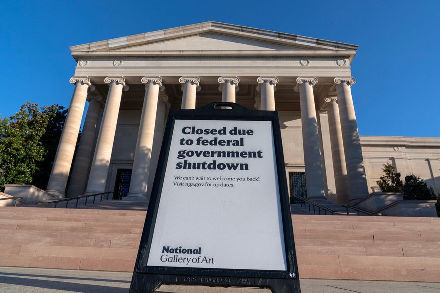 A sign that reads "Closed due to federal government shutdown" is seen outside the National Gallery of Art in Washington on Oct. 6, 2025. (AP Photo/Jose Luis Magana) **FILE**