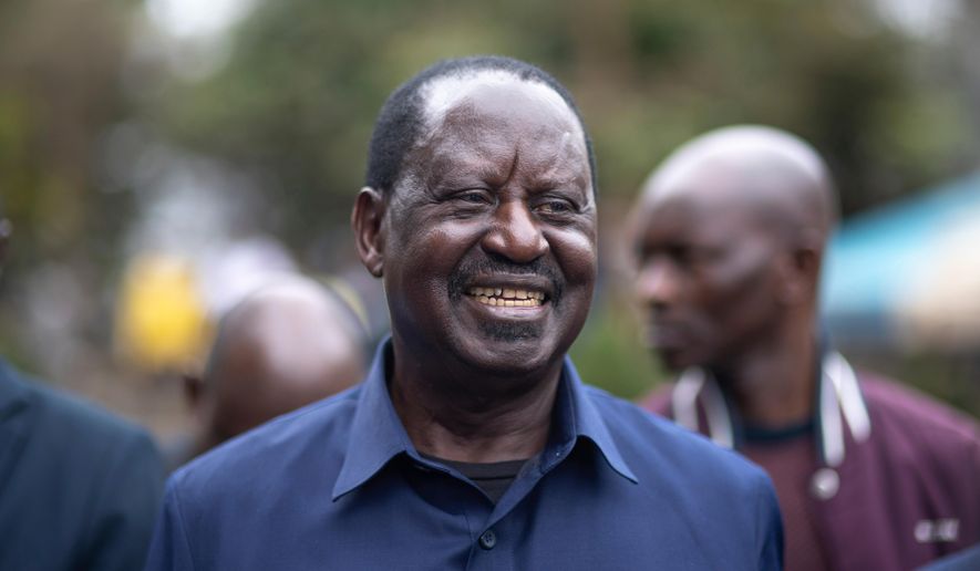 FILE - Presidential candidate Raila Odinga arrives to attend Sunday mass in St. Francis church in Nairobi, Kenya, Aug. 14, 2022. (AP Photo/Mosa'ab Elshamy, File)