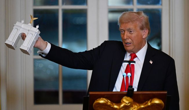President Donald Trump addresses a dinner for donors who have contributed to build the new ballroom at the White House, Wednesday, Oct. 15, 2025, in Washington. (AP Photo/John McDonnell)