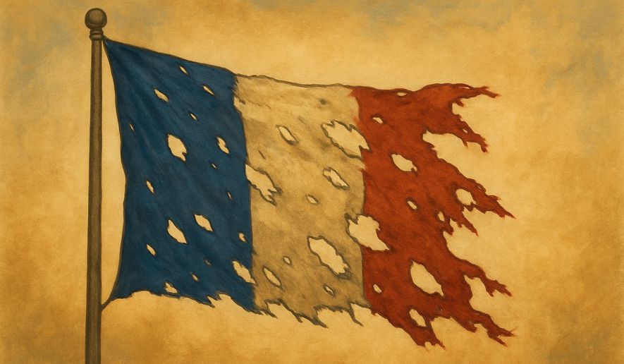 Tattered French flag illustration generated by ChatGPT for The Washington Times