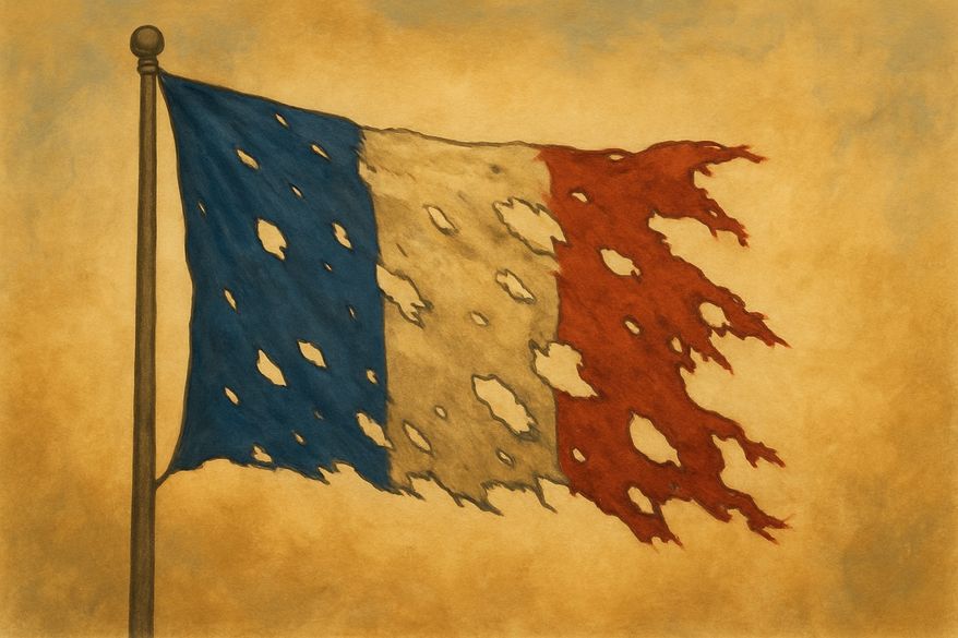 Tattered French flag illustration generated by ChatGPT for The Washington Times