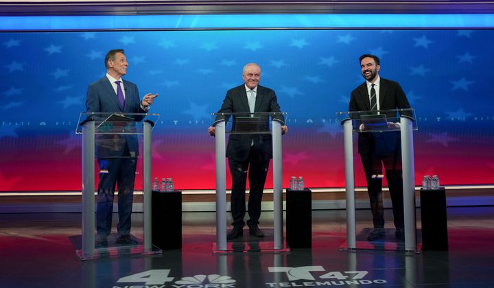 From left, Mayoral candidates, Independent candidate former New York Gov. Andrew Cuomo, Republican candidate Curtis Sliwa, and Democratic candidate Zohran Mamdani participate in a debate, Thursday, Oct. 16, 2025, in New York. (AP Photo/Angelina Katsanis, Pool)