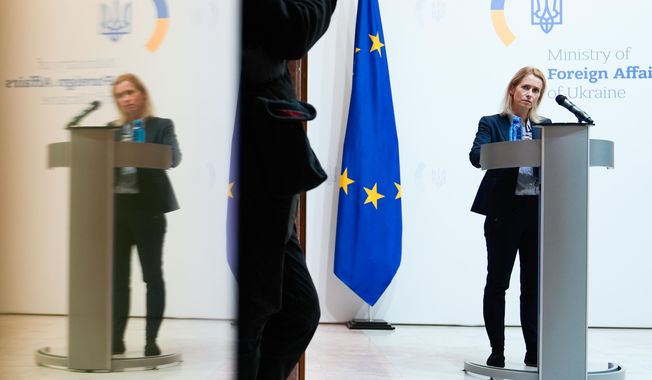 High Representative of the European Union for Foreign Affairs and Security Policy Kaja Kallas speaks during a news conference with Ukraine's Foreign Minister Andrii Sybiha, not pictured, at the Ministry of Foreign Affairs, Monday, Oct. 13, 2025, in Kyiv, Ukraine. (AP Photo/Julia Demaree Nikhinson)