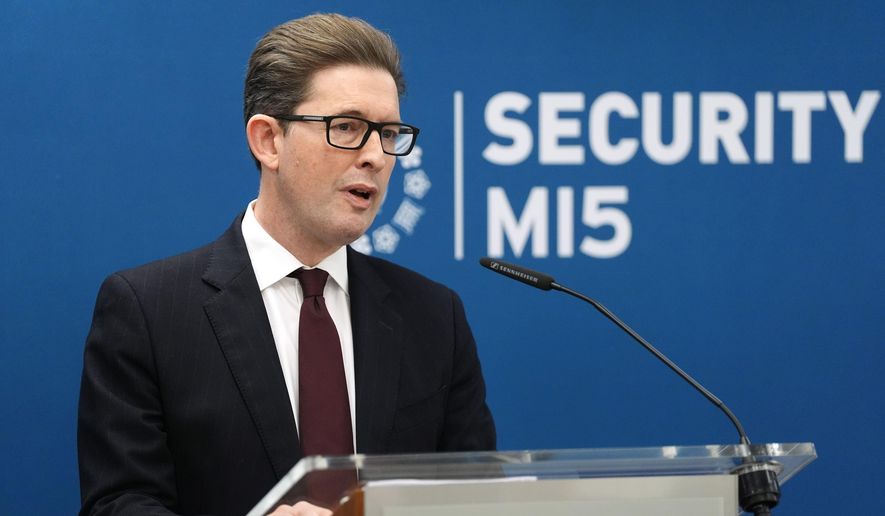 Ken McCallum,  director-general of MI5, the U.K.'s Security Service, delivers the annual Director-General's Speech at Thames House, the headquarters of the U.K.'s Security Service in London on Thursday Oct.16, 2025. (Jonathan Brady /PA via AP)