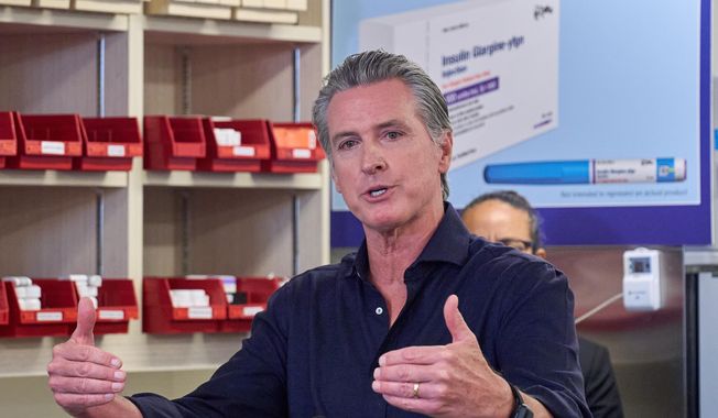California Gov. Gavin Newsom announces CalRx-branded insulin glargine pens available next Jan. 1, 2026, at a suggested retail price of no more than $55 per five-pack, or $11 per pen, during a news conference at Cedar-Sinai's Mark Goodson pharmacy in Los Angeles, Thursday, Oct. 16, 2025. (AP Photo/Damian Dovarganes)