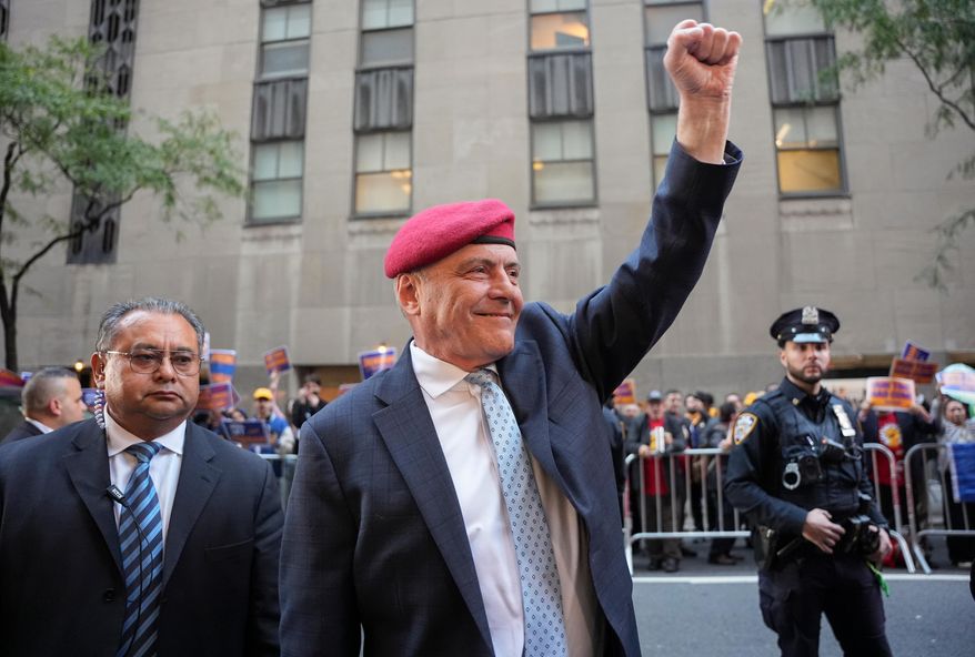 Republican candidate Curtis Sliwa arrives to participate in a mayoral debate, Thursday, Oct. 16, 2025, in New York. (AP Photo/Angelina Katsanis)