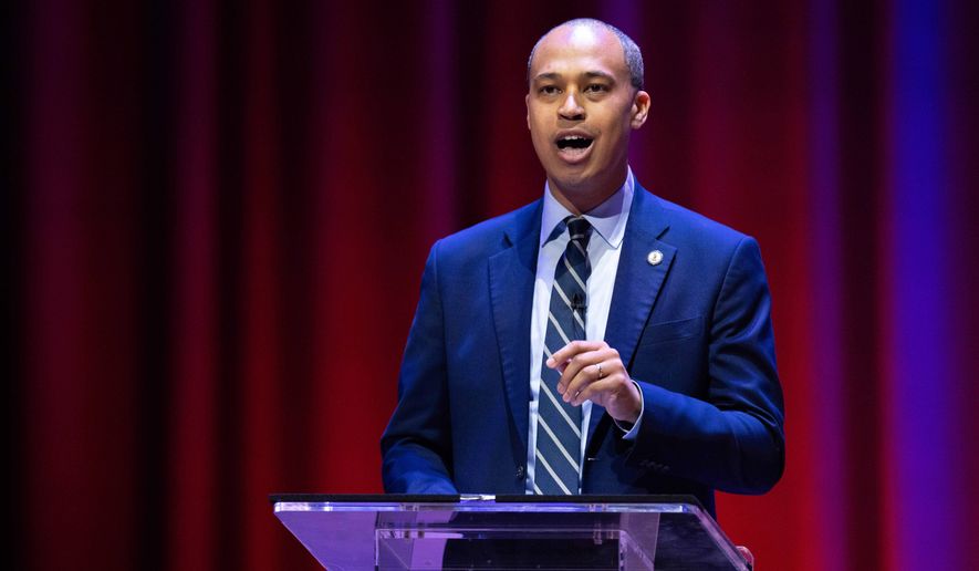 Democrat Jay Jones participates in the Virginia attorney general debate with Republican incumbent Jason Miyares in Richmond, Va., Thursday, Oct. 16, 2025. (Mike Kropf/Richmond Times-Dispatch via AP, Pool)