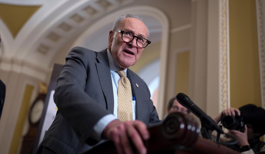 Senate Minority Leader Chuck Schumer, D-N.Y., meets with reporters to talk about the struggle to end the government shutdown, at the Capitol in Washington, Wednesday, Oct. 15, 2025. (AP Photo/J. Scott Applewhite) ** FILE **