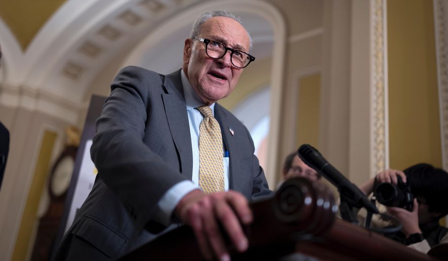 Senate Minority Leader Chuck Schumer, D-N.Y., meets with reporters to talk about the struggle to end the government shutdown, at the Capitol in Washington, Wednesday, Oct. 15, 2025. (AP Photo/J. Scott Applewhite) ** FILE **