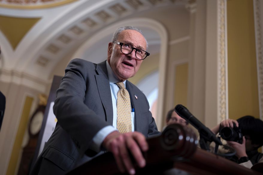 Senate Minority Leader Chuck Schumer, D-N.Y., meets with reporters to talk about the struggle to end the government shutdown, at the Capitol in Washington, Wednesday, Oct. 15, 2025. (AP Photo/J. Scott Applewhite) ** FILE **