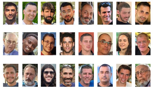 This Oct. 16, 2025, combination of images provided by Hostage's Family Forum shows some of the deceased that were held in Gaza when the latest ceasefire started, from top left, Bipin Joshi, Yossi Sharabi, Guy Illouz, Ran Gvili, Eitan Levi, Dror Or, Itay Chen, Uriel Baruch, second row from left, Amiram Cooper, Joshua Loitu Mollel, Tamir Nimrodi, Oz Daniel, Omer Neutra, Lior Rudaeff, Inbar Hayman, Meny Godard, third row from left, Daniel Peretz, Eliyahu Margalit, Sahar Baruch, Tamir Adar, Tal Haimi, Muhammad Al-Atarash, Hadar Goldin and Arie Zalmanovich. (Hostage's Family Forum via AP)