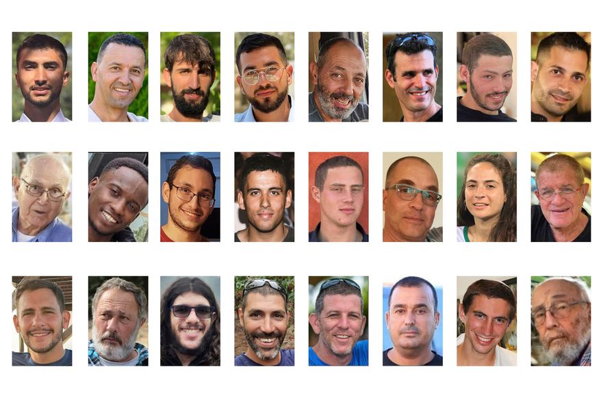 This Oct. 16, 2025, combination of images provided by Hostage's Family Forum shows some of the deceased that were held in Gaza when the latest ceasefire started, from top left, Bipin Joshi, Yossi Sharabi, Guy Illouz, Ran Gvili, Eitan Levi, Dror Or, Itay Chen, Uriel Baruch, second row from left, Amiram Cooper, Joshua Loitu Mollel, Tamir Nimrodi, Oz Daniel, Omer Neutra, Lior Rudaeff, Inbar Hayman, Meny Godard, third row from left, Daniel Peretz, Eliyahu Margalit, Sahar Baruch, Tamir Adar, Tal Haimi, Muhammad Al-Atarash, Hadar Goldin and Arie Zalmanovich. (Hostage's Family Forum via AP)