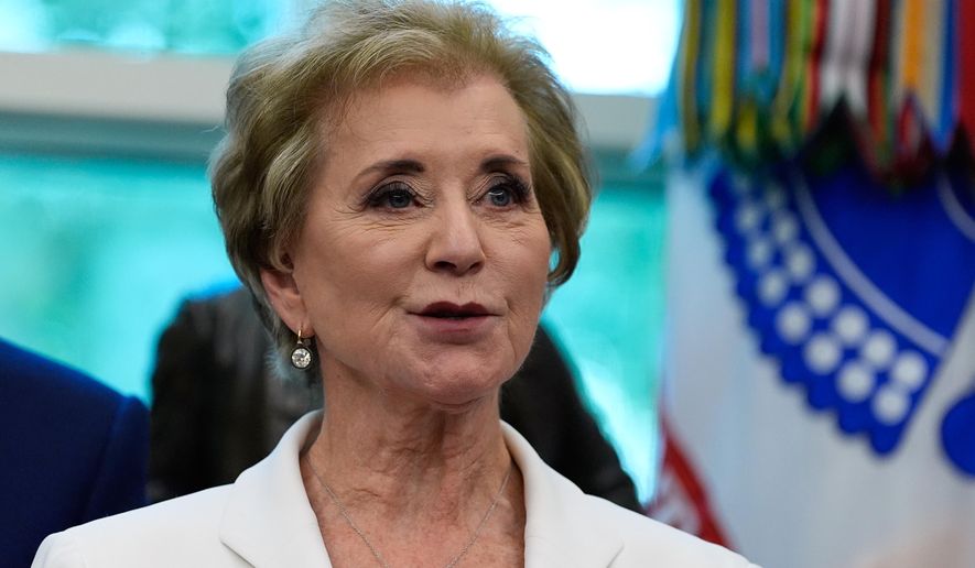 Education Secretary Linda McMahon speaks in the Oval Office of the White House before President Donald Trump signs an executive order regarding childhood cancer and the use of AI, Tuesday, Sept. 30, 2025, in Washington. (AP Photo/Alex Brandon)