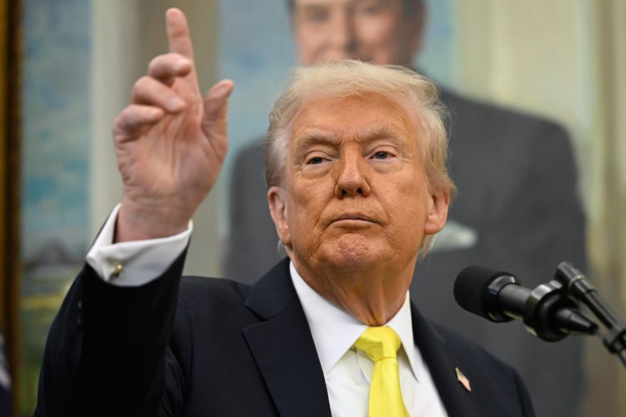 President Donald Trump speaks during an event in the Oval Office at the White House, Wednesday, Oct. 15, 2025, in Washington. (AP Photo/John McDonnell)