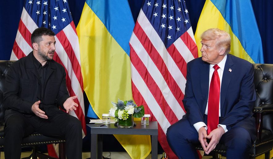 President Donald Trump meets with Ukrainian President Volodymyr Zelenskyy during the United Nations General Assembly, Sept. 23, 2025, in New York. (AP Photo/Evan Vucci, File)