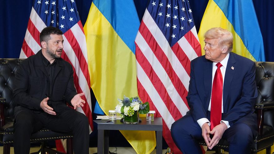 President Donald Trump meets with Ukrainian President Volodymyr Zelenskyy during the United Nations General Assembly, Sept. 23, 2025, in New York. (AP Photo/Evan Vucci, File)