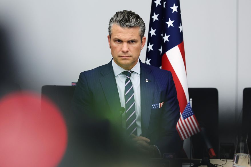 United States Defense Secretary Pete Hegseth addresses a meeting of the Ukraine Defense Contact Group at NATO headquarters in Brussels, Wednesday, Oct. 15, 2025 (AP Photo/Omar Havana)