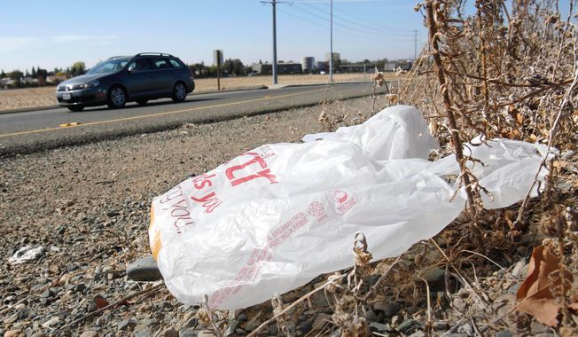 A plastic shopping bag liters the roadside in Sacramento, Calif, Friday, Oct. 25, 2013. (AP Photo/Rich Pedroncelli, file)