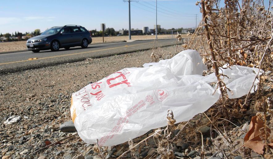 A plastic shopping bag liters the roadside in Sacramento, Calif, Friday, Oct. 25, 2013. (AP Photo/Rich Pedroncelli, file)