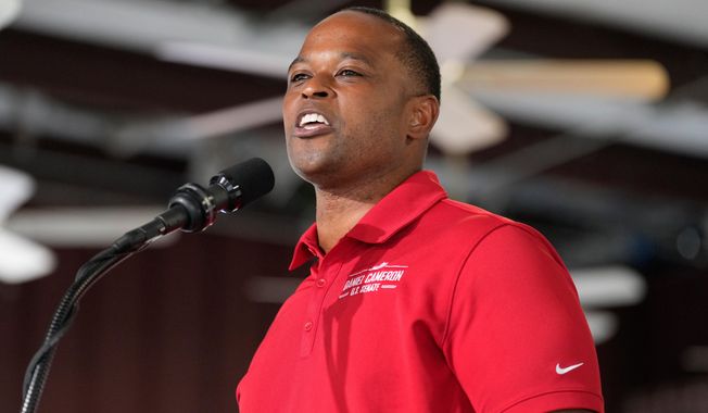 FILE - Former Kentucky attorney general Daniel Cameron speaks at the annual Fancy Farm picnic, Aug. 2, 2025, in Fancy Farm, Ky. (AP Photo/Mark Humphrey, File)