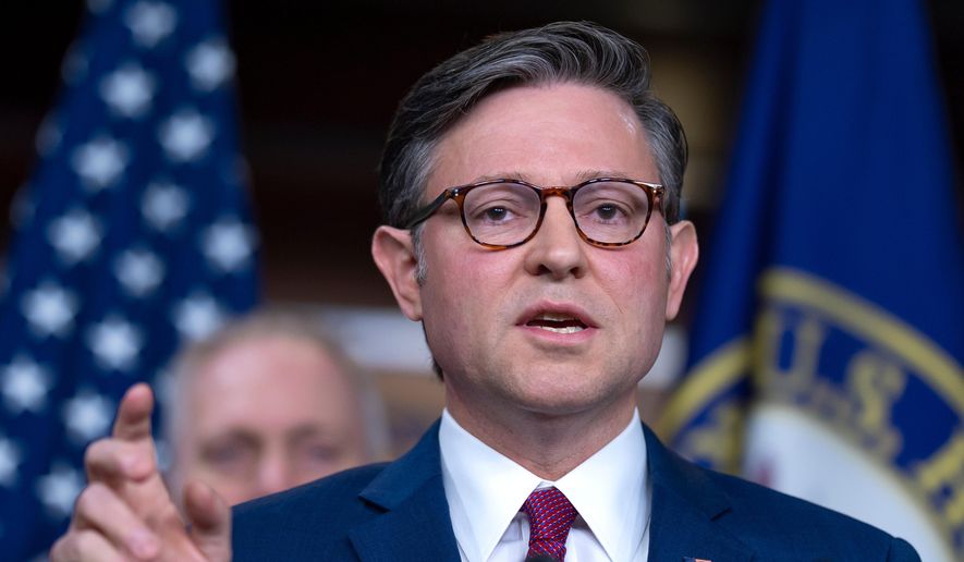 Speaker of the House Mike Johnson, R-La., addresses reporters on day 17 of the government shutdown with no resolution in sight to the crisis, at the Capitol in Washington, Friday, Oct. 17, 2025. (AP Photo/J. Scott Applewhite)