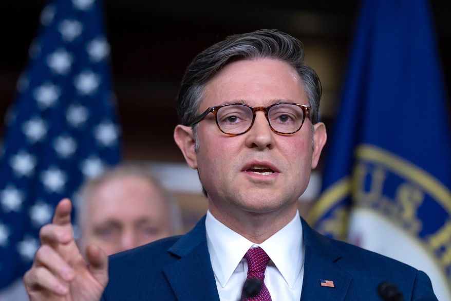 Speaker of the House Mike Johnson, R-La., addresses reporters on day 17 of the government shutdown with no resolution in sight to the crisis, at the Capitol in Washington, Friday, Oct. 17, 2025. (AP Photo/J. Scott Applewhite)