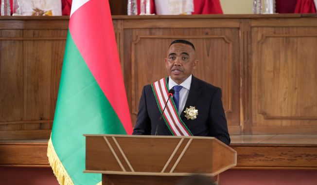 Col. Michael Randrianirina delivers his speech at the high constitutional court after being sworn in as president in Antananarivo, Madagascar, Friday, Oct. 17, 2025. (AP Photo/ Brian Inganga)
